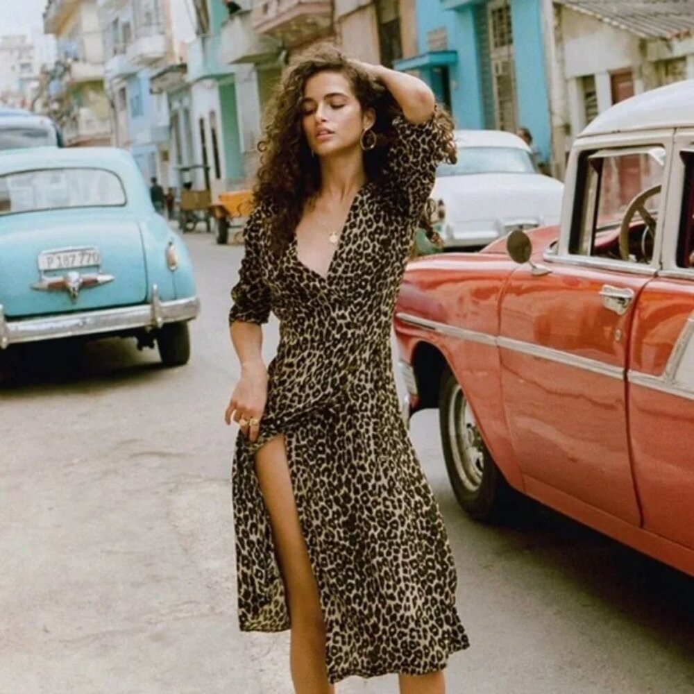 Faithfull The Brand Leopard Print Wrap Midi Dress Size 2